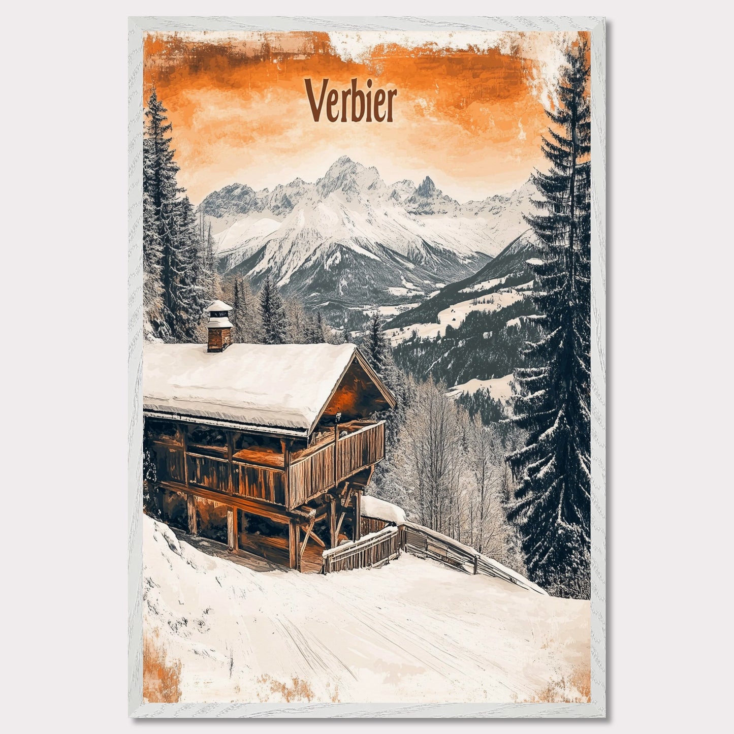 This charming retro-style poster showcases a cozy wooden cabin nestled in the snowy mountains of Verbier. The cabin, with its warm and rustic exterior, contrasts beautifully against the crisp white snow and towering, snow-capped peaks in the distance. The soft, vintage tones in the sky and the peaceful surroundings evoke a sense of tranquility and the perfect winter getaway. The gentle snowfall and warm cabin lights enhance the nostalgic feeling of a quiet retreat in the Alps.