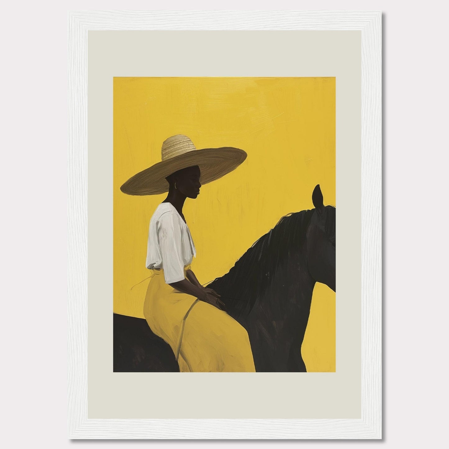 This striking artwork features a silhouette of a person wearing a wide-brimmed hat, seated on a dark horse against a vibrant yellow background. The figure is adorned in a white top and yellow skirt, exuding elegance and tranquility.