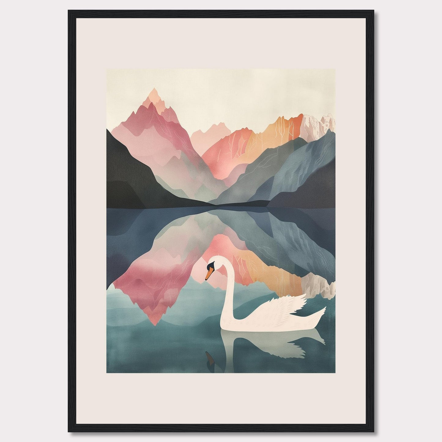 This captivating artwork features a serene swan gliding across a tranquil lake, surrounded by majestic mountains in pastel hues. The reflection of the mountains and the swan in the calm water adds a mesmerizing symmetry to the scene. The soft, muted colors evoke a sense of peace and tranquility.