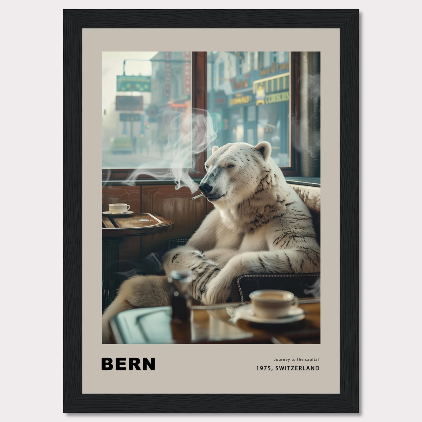 This intriguing poster features a polar bear sitting comfortably in a café, smoking a cigarette. The scene is set against a backdrop of a bustling city street, with shops and signs visible through the window. A cup of coffee sits on the table in front of the bear, adding to the relaxed atmosphere. The text at the bottom reads "BERN" with the caption "Journey to the capital, 1975, Switzerland."