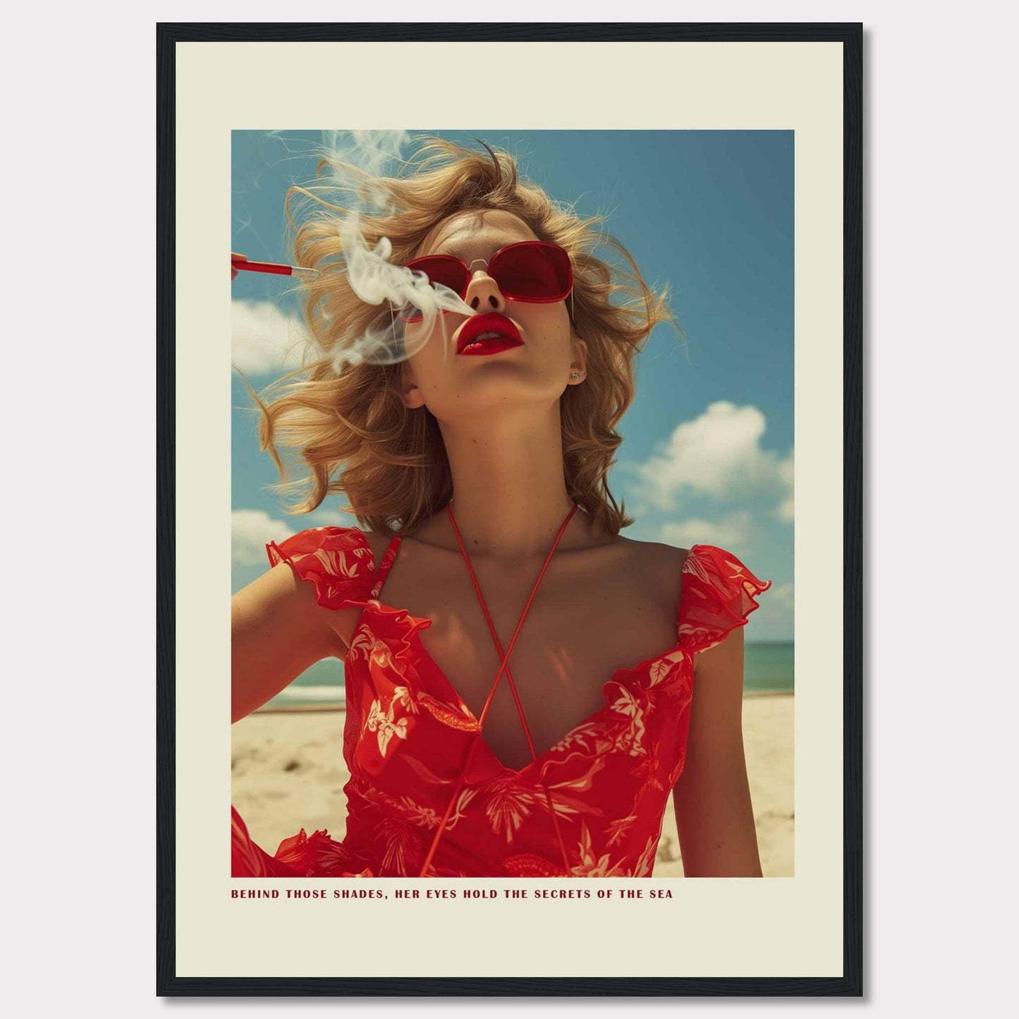 This striking image features a woman in a vibrant red dress and matching sunglasses, exuding confidence and mystery. The ocean and sky form the serene backdrop, while smoke adds an air of intrigue. The caption reads, "BEHIND THOSE SHADES, HER EYES HOLD THE SECRETS OF THE SEA."