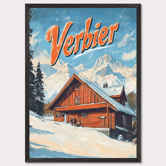 This vintage-inspired poster features a charming wooden chalet nestled against the stunning mountains of Verbier. The warm tones of the cabin contrast beautifully with the snowy landscape and towering peaks, creating a welcoming, serene winter scene. The retro design with bold typography invites viewers to imagine a peaceful retreat in the heart of the Swiss Alps, where adventure and comfort come together.