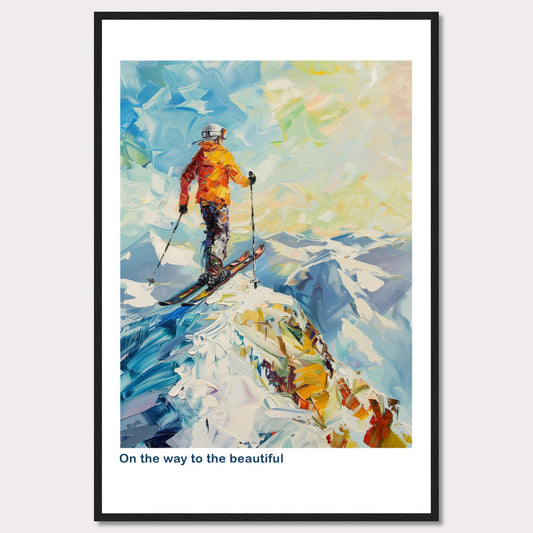 This vibrant painting captures a skier standing at the peak of a snowy mountain, ready to descend. The skier is dressed in an orange jacket and helmet, holding ski poles. The background features a stunning array of colors depicting the sky and distant mountains.