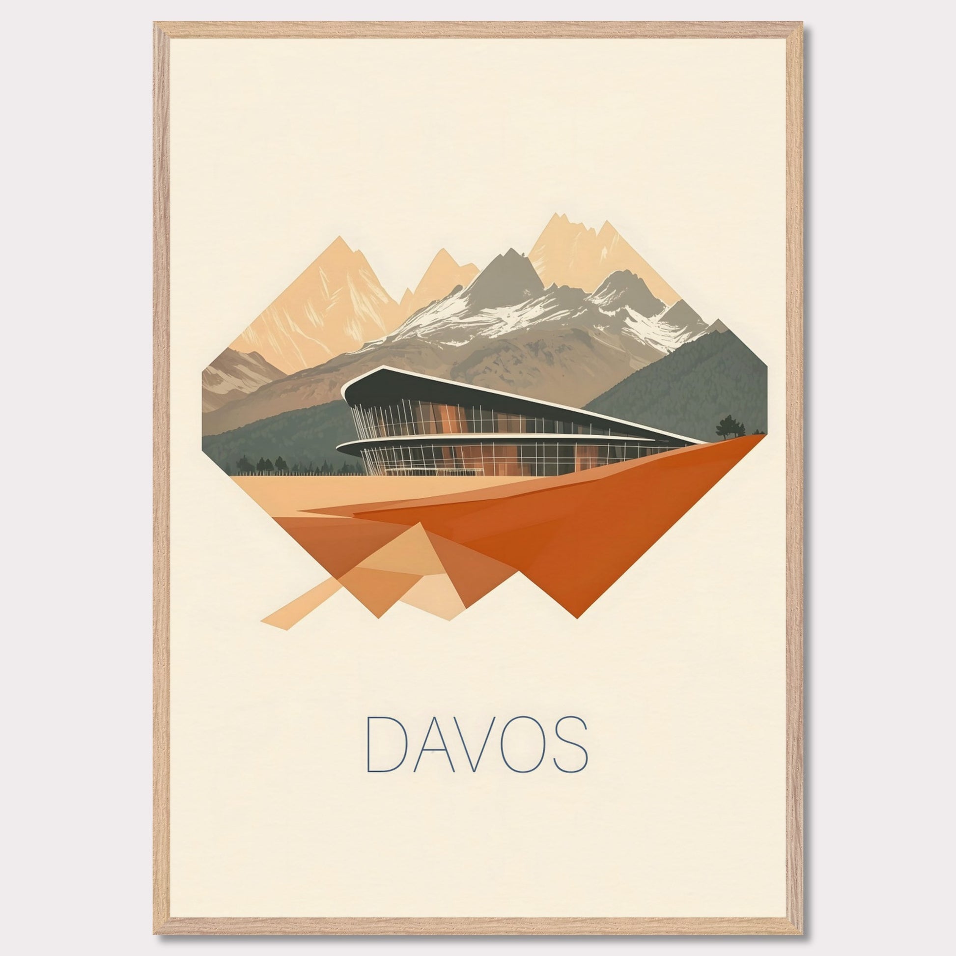 A visually striking poster featuring Davos’ futuristic architecture, integrated into an angular, geometric design. The sharp lines and warm earth tones contrast with the cool mountain backdrop, creating a bold, dynamic effect.