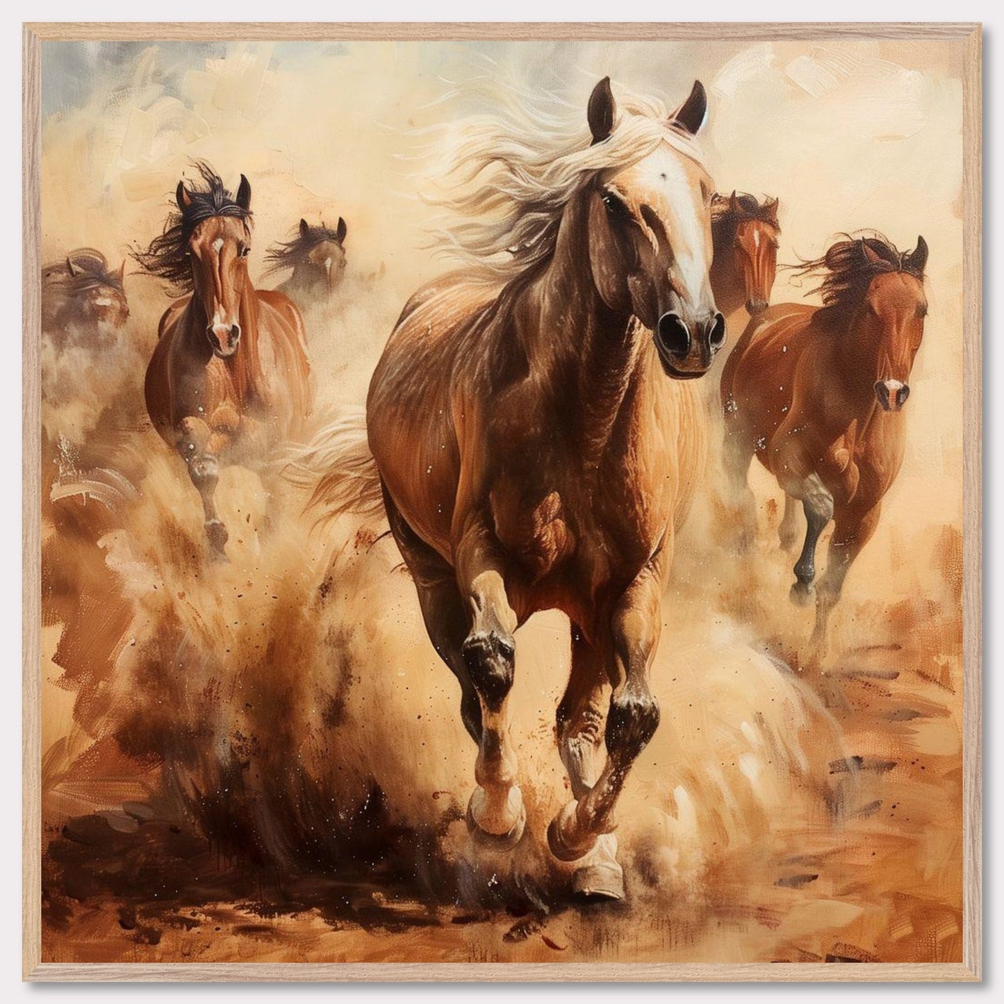 This captivating painting showcases a herd of wild horses galloping through a dusty landscape. The dynamic movement and powerful energy of the horses are vividly captured, evoking a sense of freedom and untamed spirit.