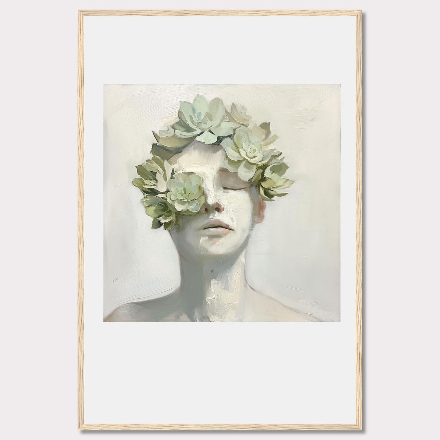 This captivating artwork features a serene face adorned with a crown of succulents, blending nature and human form in a harmonious expression.