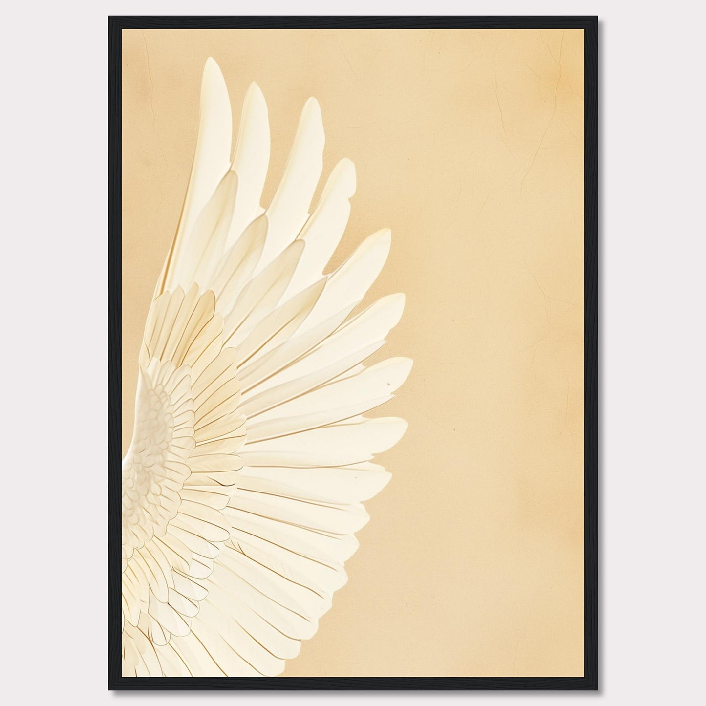 This elegant wall art features a detailed depiction of a white feathered wing against a soft beige background. The minimalist design and neutral tones make it a versatile piece for any room.