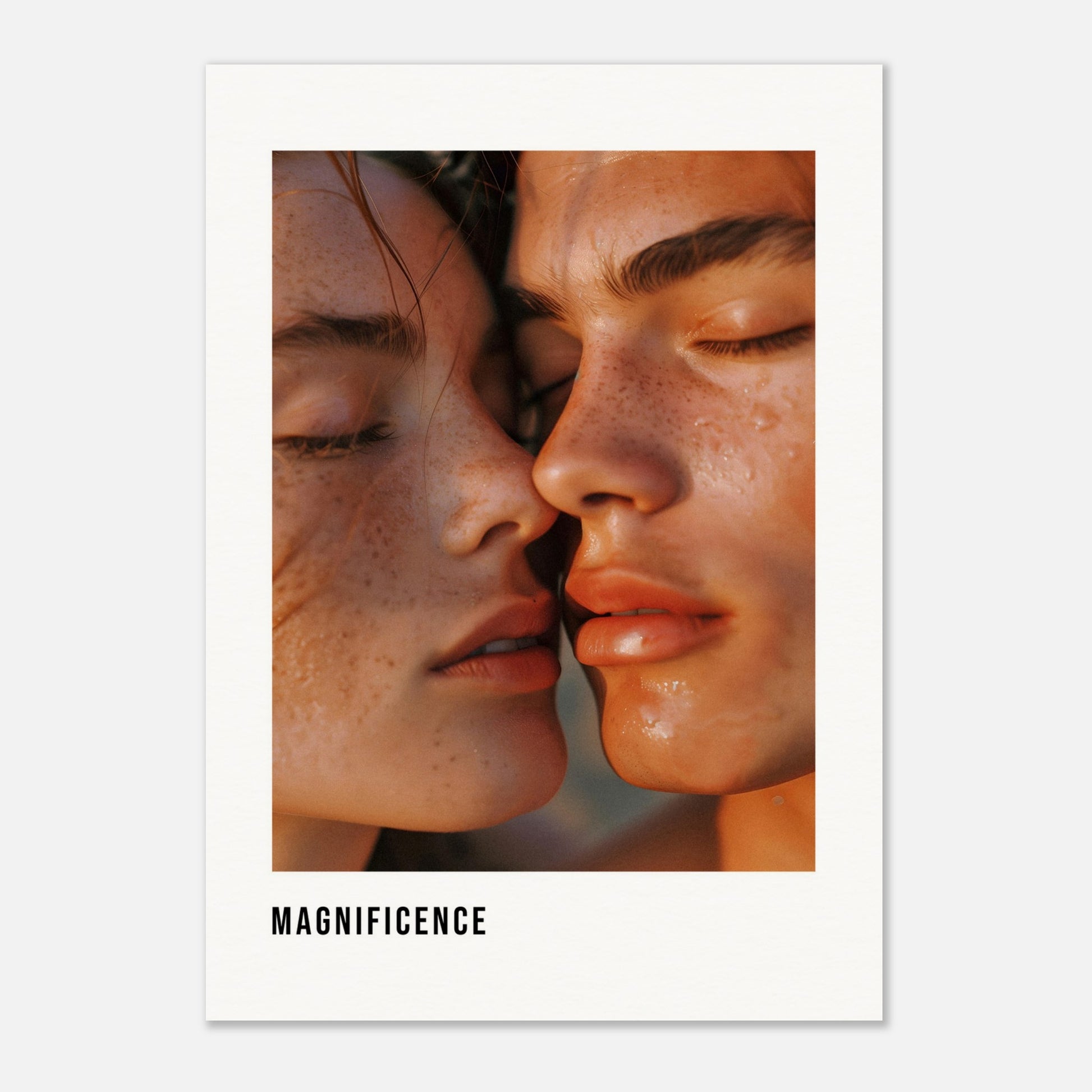 This illustration shows a close-up of two individuals with their faces intimately close, highlighting their freckles and closed eyes.

This poster will fit well in a modern living room, bedroom, or art studio, adding a touch of elegance and intimacy to the space.