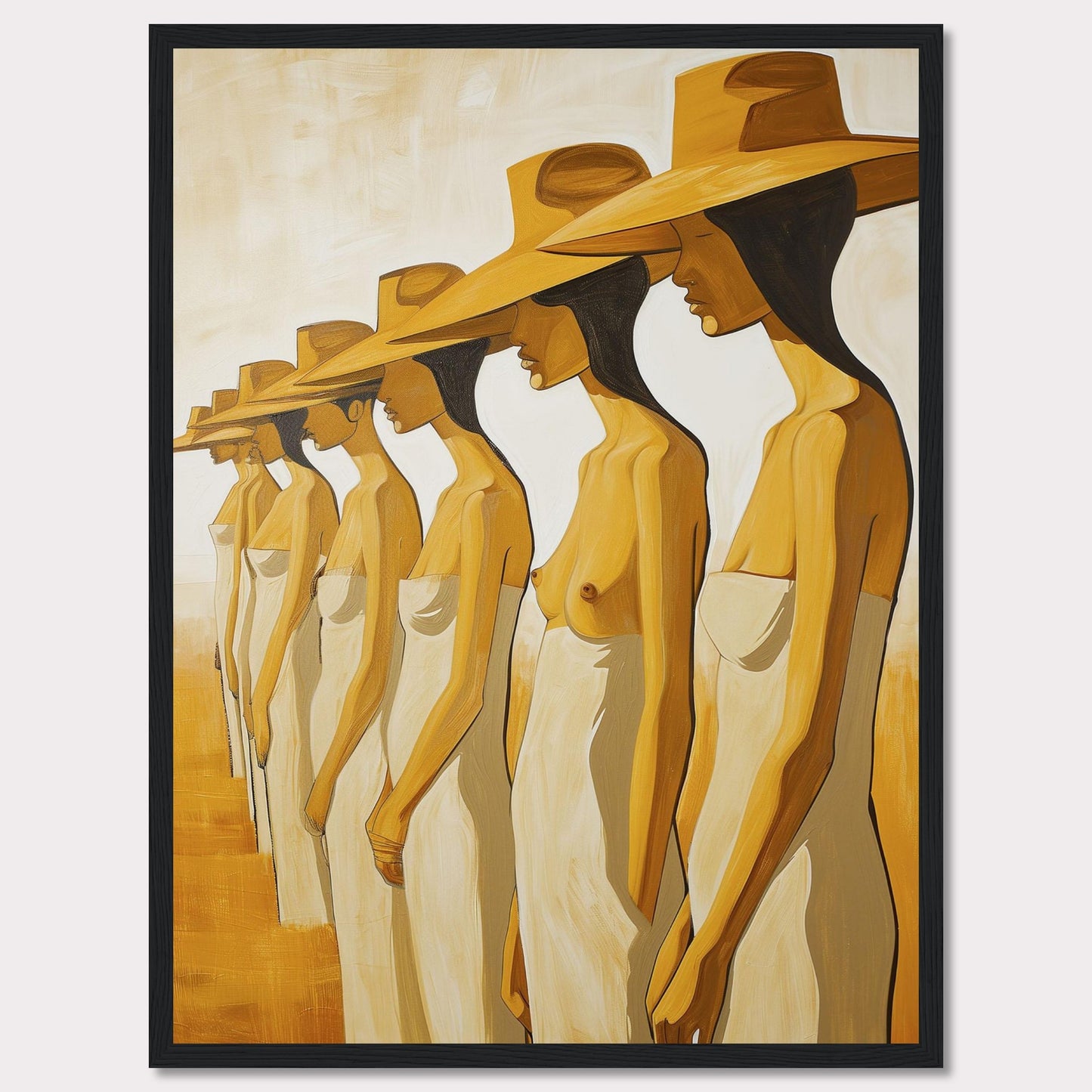 This striking artwork features a row of women standing in profile, each wearing a large hat and draped in a simple cloth. The painting captures a sense of unity and individuality through its minimalist style and warm color palette.