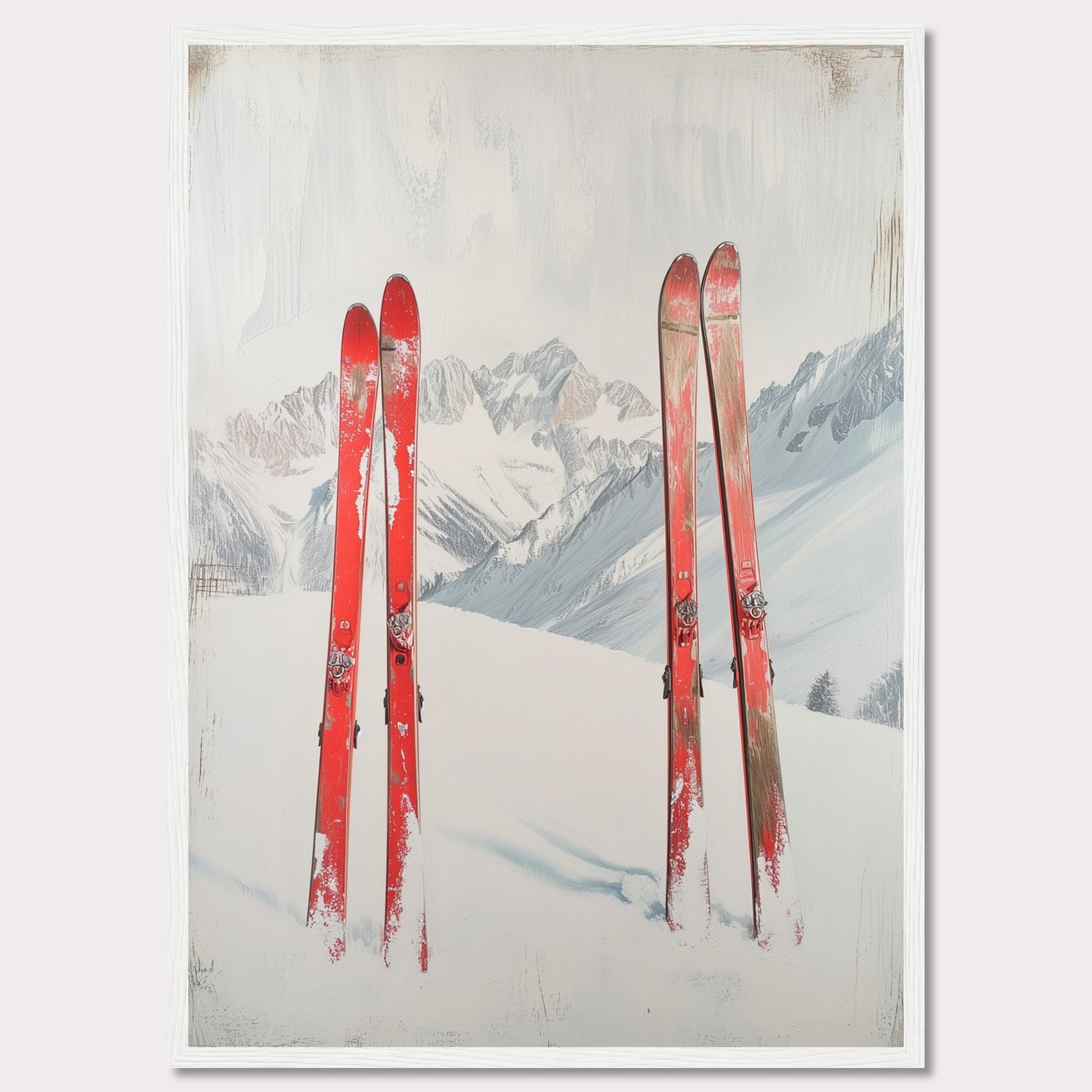 This captivating image showcases a serene winter scene with four red skis planted in the snow against a backdrop of majestic, snow-covered mountains. The skis stand out vibrantly against the white snow and the muted tones of the distant peaks. The overall composition evokes a sense of adventure and the thrill of skiing in the great outdoors.