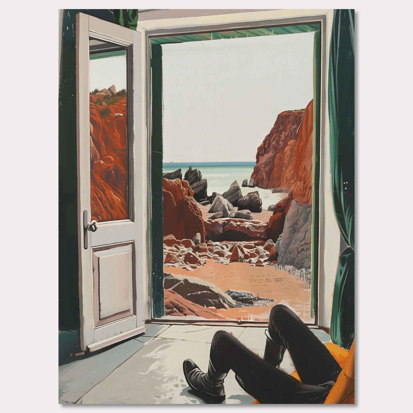 This image captures a serene view of a rocky beach through an open door. The scene is framed by the interior of a room where a person is seated, legs stretched out, possibly relaxing and enjoying the view.