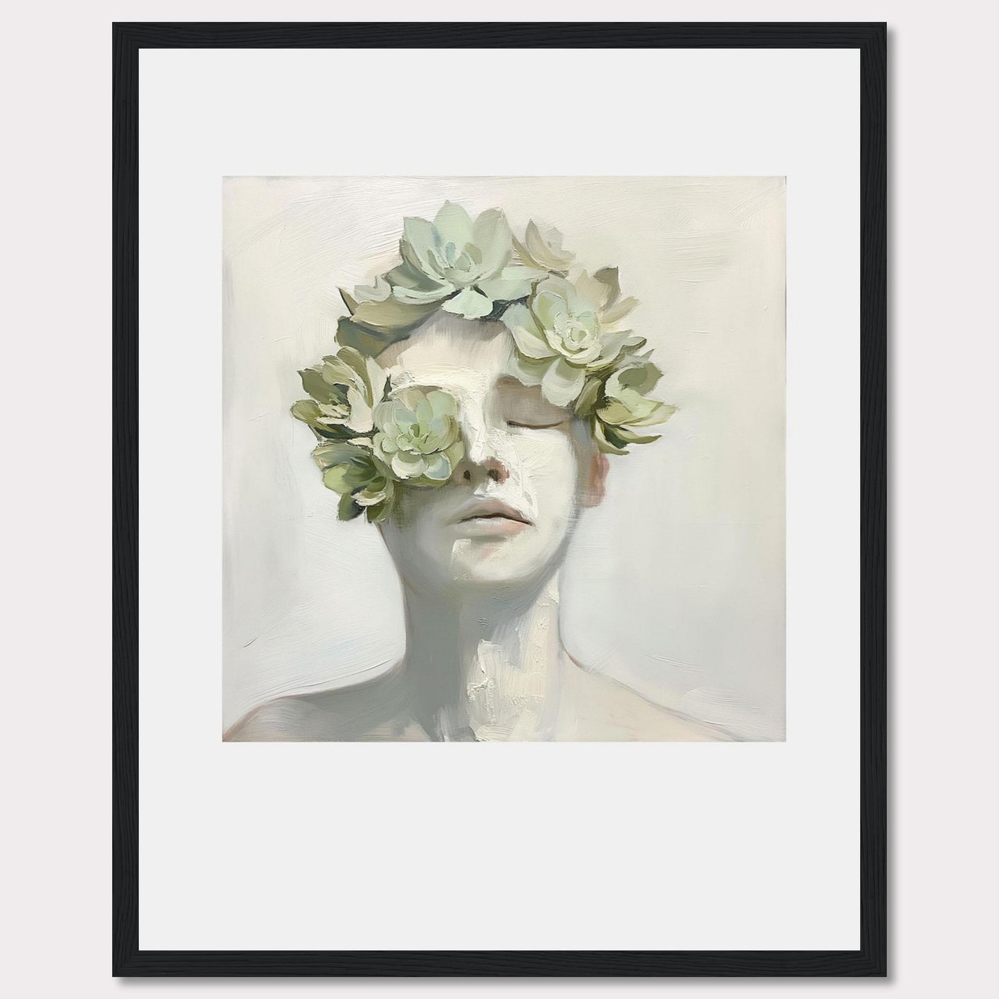 This captivating artwork features a serene face adorned with a crown of succulents, blending nature and human form in a harmonious expression.