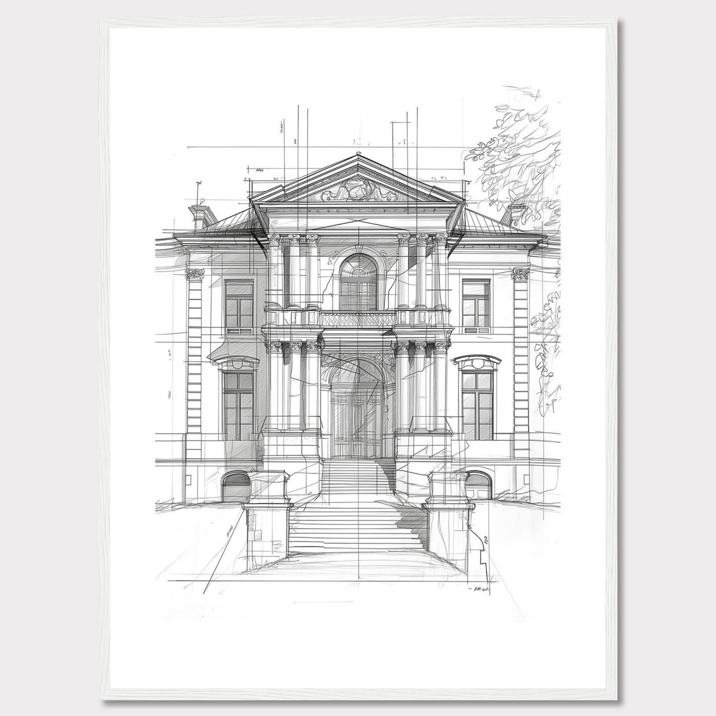 This image showcases an architectural sketch of a grand, classical building. The detailed drawing highlights the intricate design and majestic structure of the edifice.