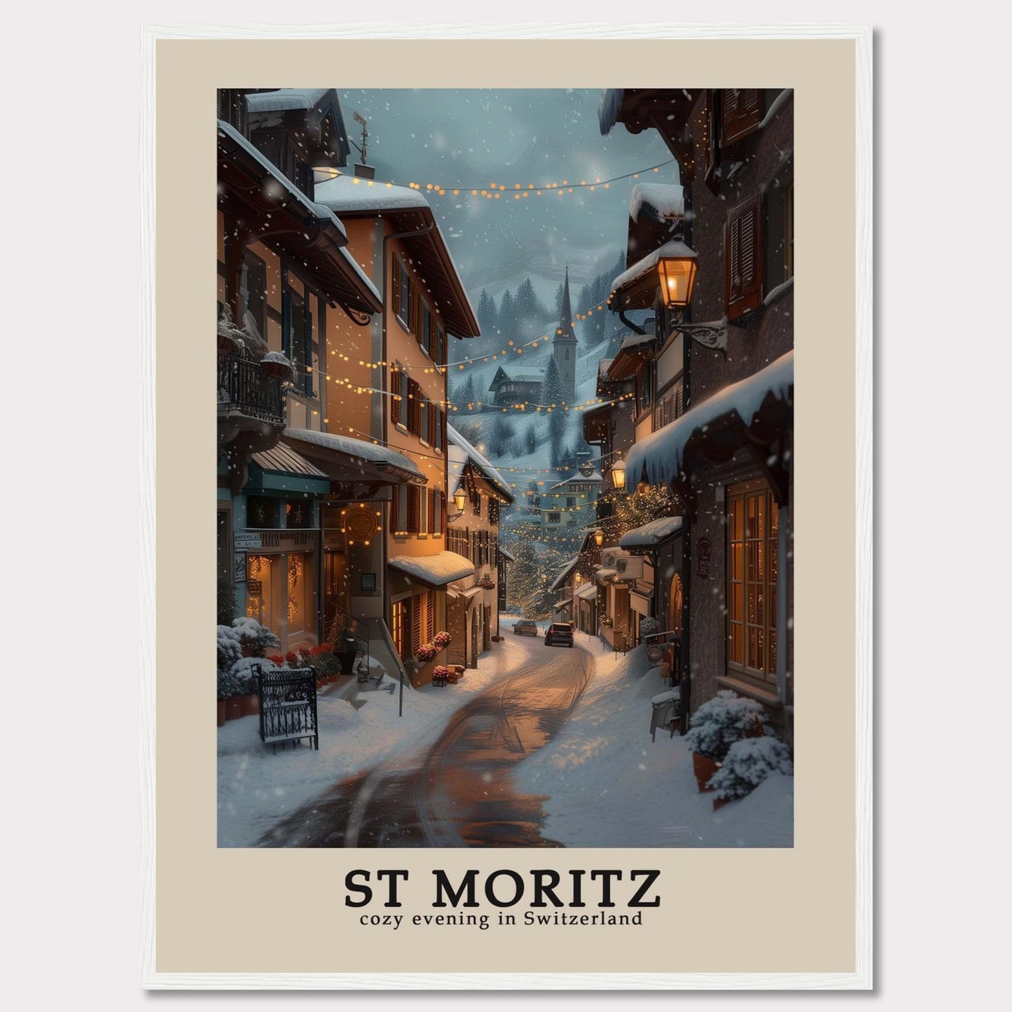 This photo showcases a charming winter evening in St. Moritz, Switzerland. The scene features snow-covered streets adorned with warm, glowing lights, quaint buildings with festive decorations, and a serene, picturesque ambiance.