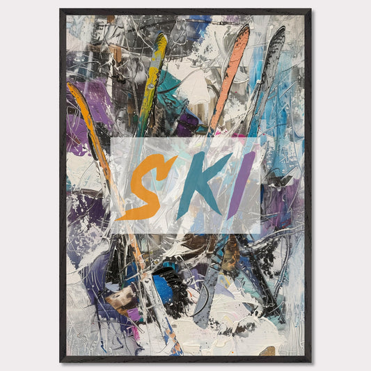 This vibrant artwork showcases an abstract composition featuring colorful ski elements. The word "SKI" is prominently displayed in bold, dynamic letters across the center. The background is a chaotic mix of brushstrokes and textures, creating a sense of movement and energy.