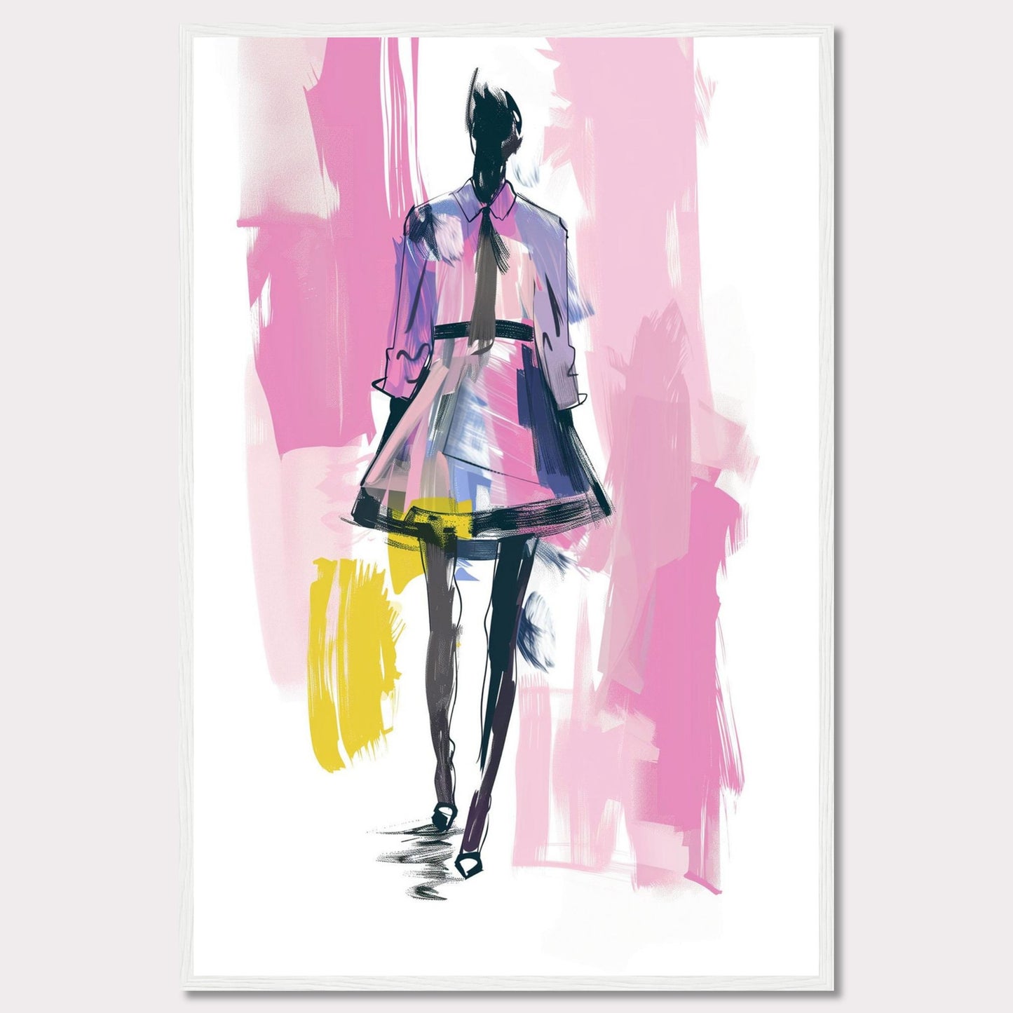 This image showcases a fashion illustration featuring a stylish figure in a vibrant dress. The artwork is characterized by bold brush strokes and a mix of colors, including pink, purple, yellow, and black. The figure exudes confidence, walking forward with purpose.