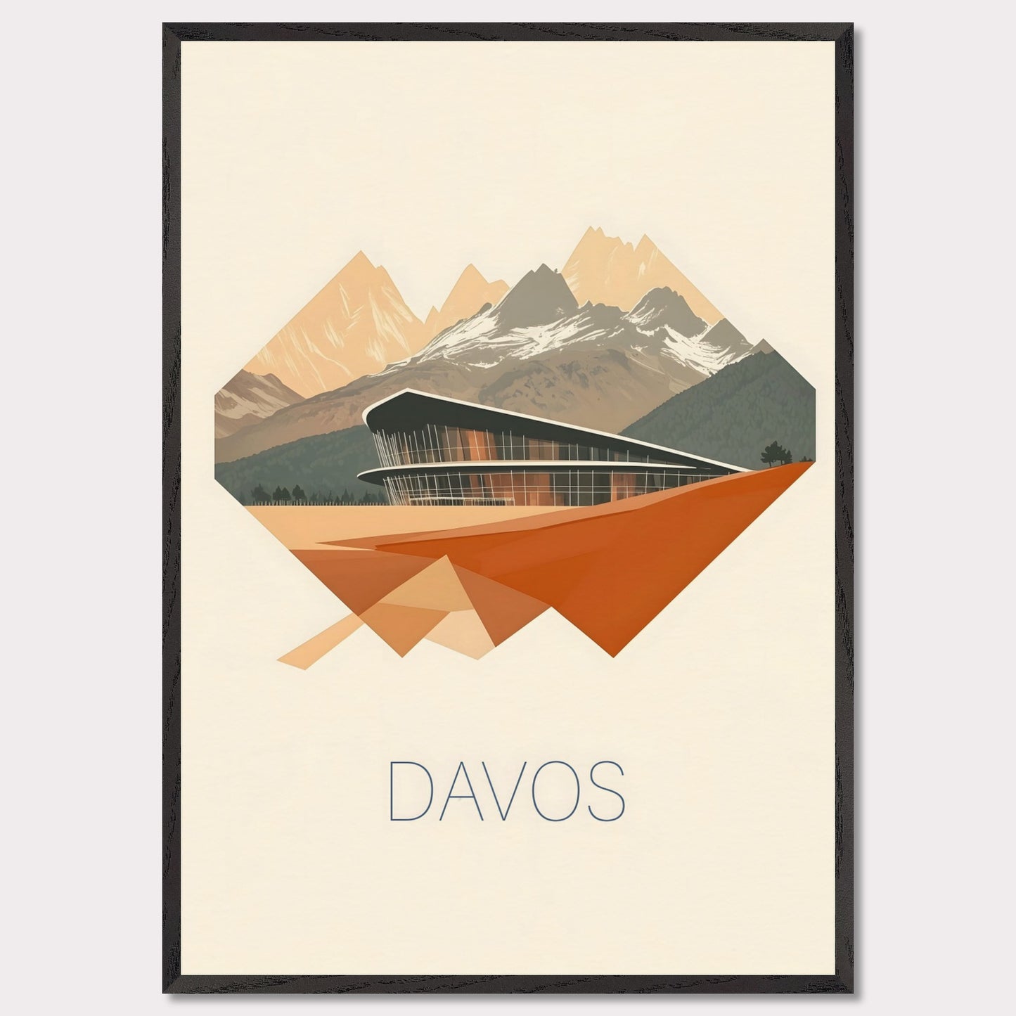 A visually striking poster featuring Davos’ futuristic architecture, integrated into an angular, geometric design. The sharp lines and warm earth tones contrast with the cool mountain backdrop, creating a bold, dynamic effect.