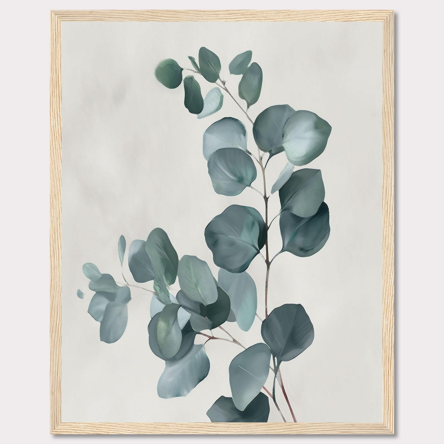 This image showcases a minimalist botanical artwork featuring eucalyptus leaves. The leaves are painted in soft, muted green tones against a light background, creating a serene and calming effect.