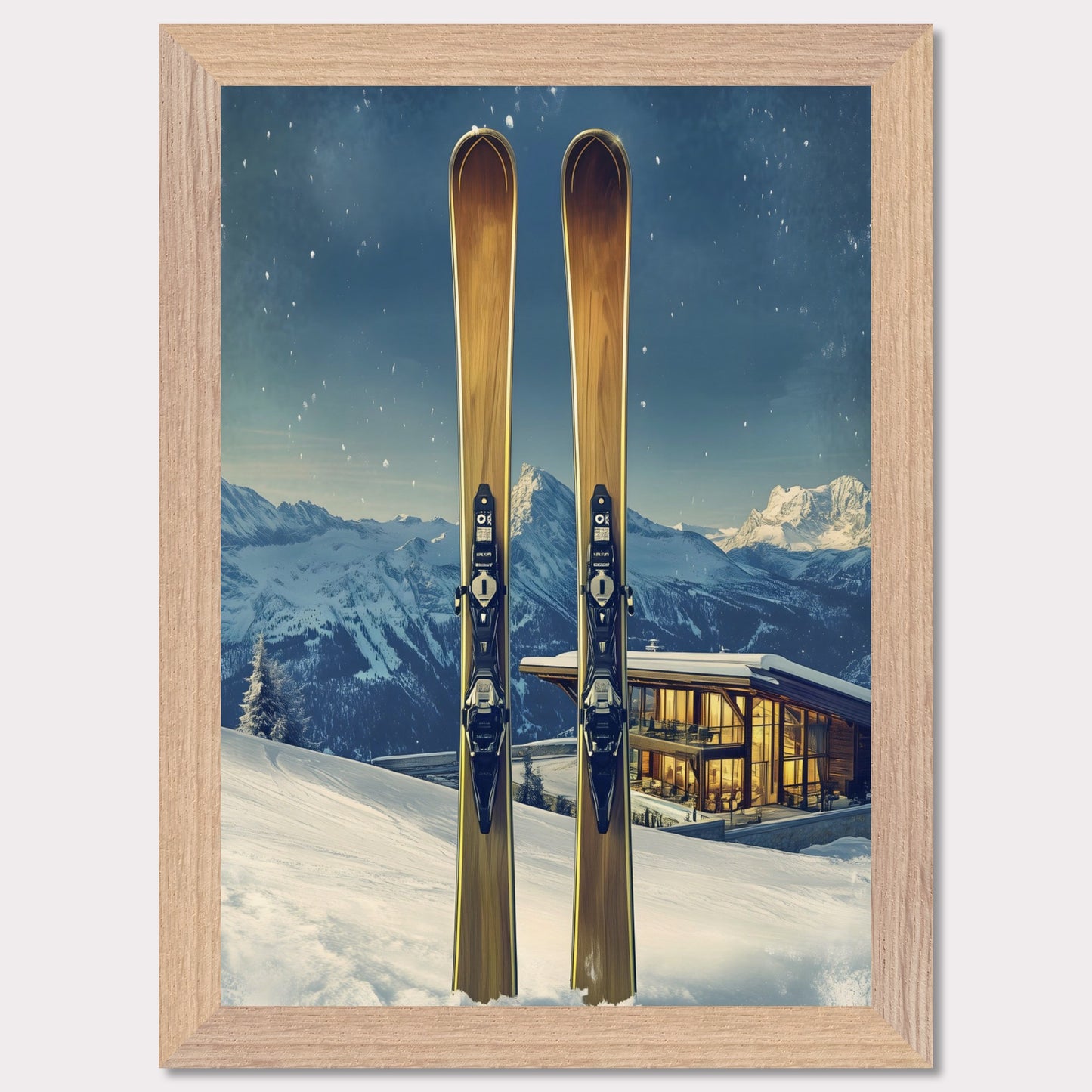 This elegant poster showcases the perfect blend of tradition and modernity in a snowy alpine escape. Two sleek skis stand proudly in the foreground, while a contemporary, glowing chalet nestled in the mountains provides a warm contrast to the frosty winter scene.