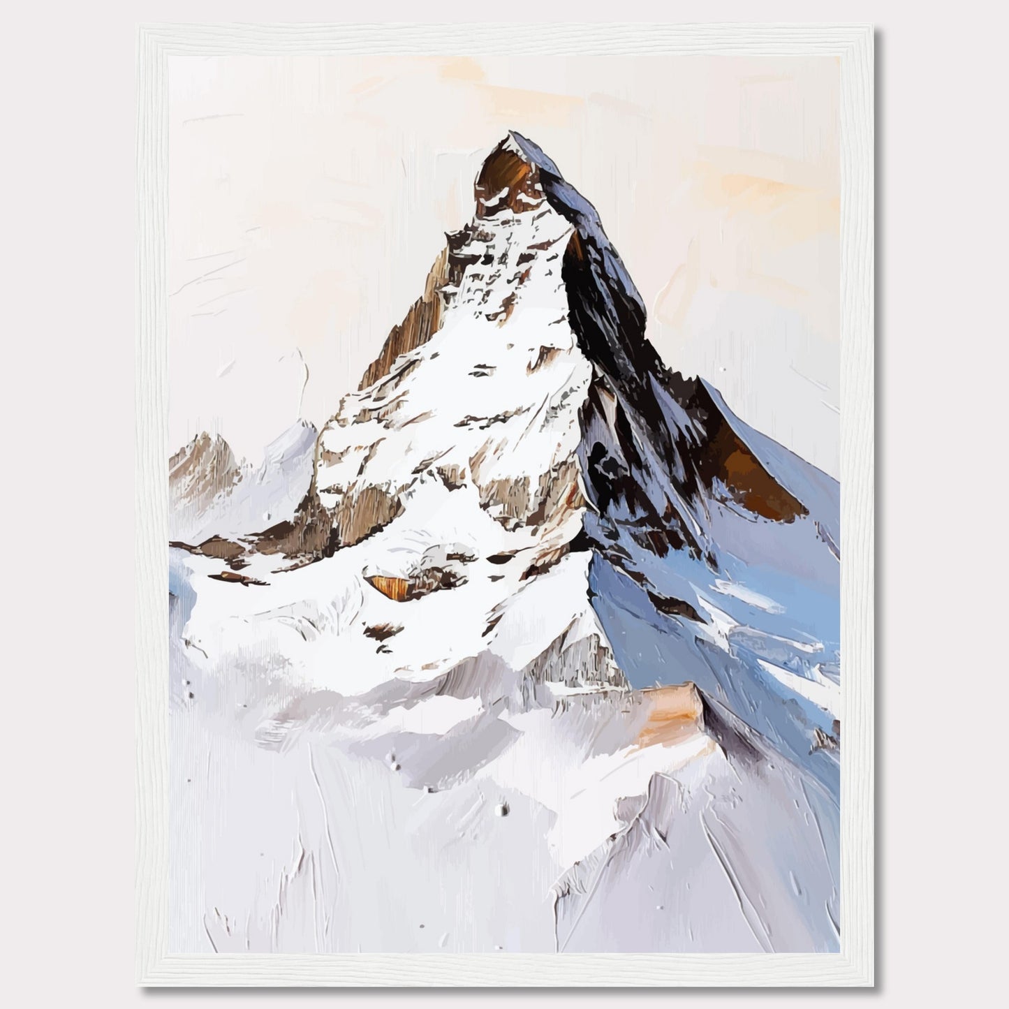 This image showcases a striking painting of a snow-covered mountain peak, likely inspired by the majestic Matterhorn. The artwork features bold brush strokes and a mix of white, brown, and blue hues, capturing the rugged beauty of the alpine landscape.