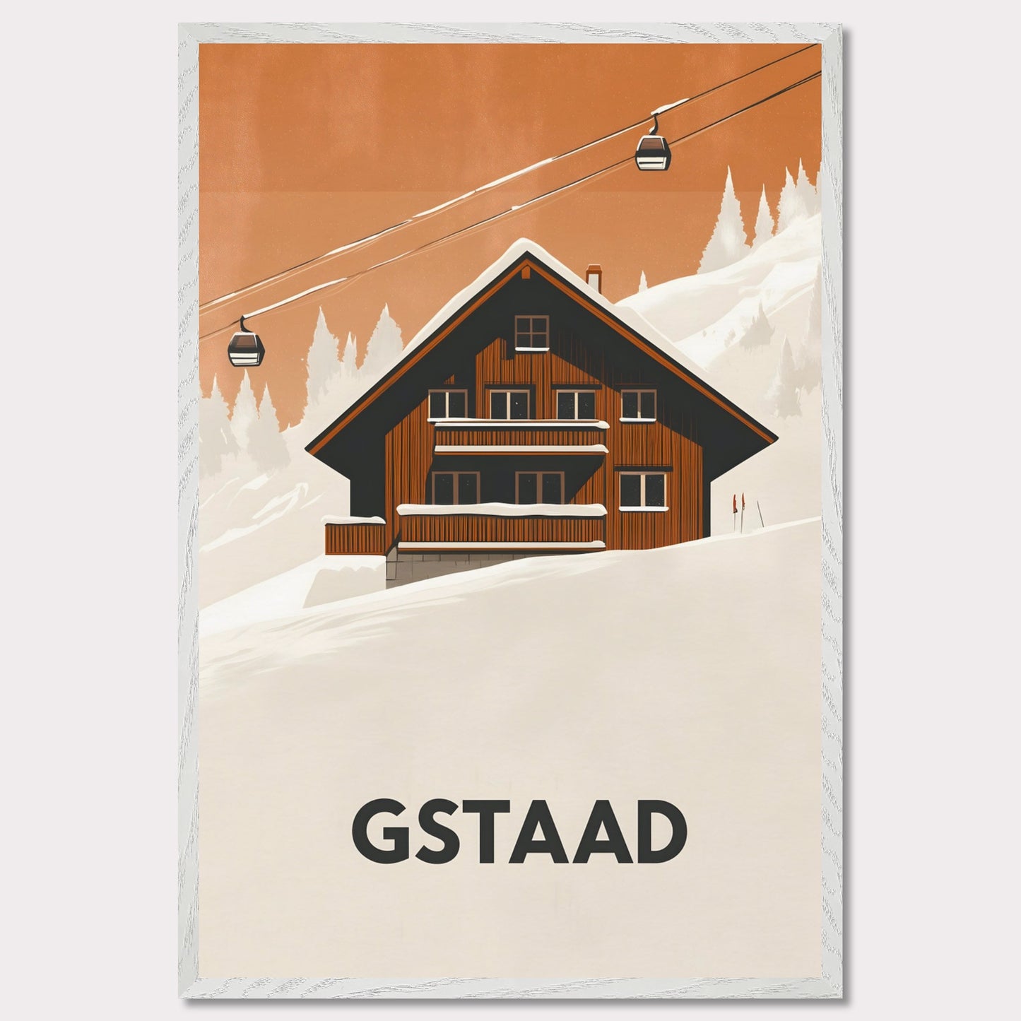 A warm, inviting scene of a traditional Swiss chalet surrounded by snowy slopes. A cable car ascends into the distance, emphasizing the region’s skiing culture and cozy mountain retreat.