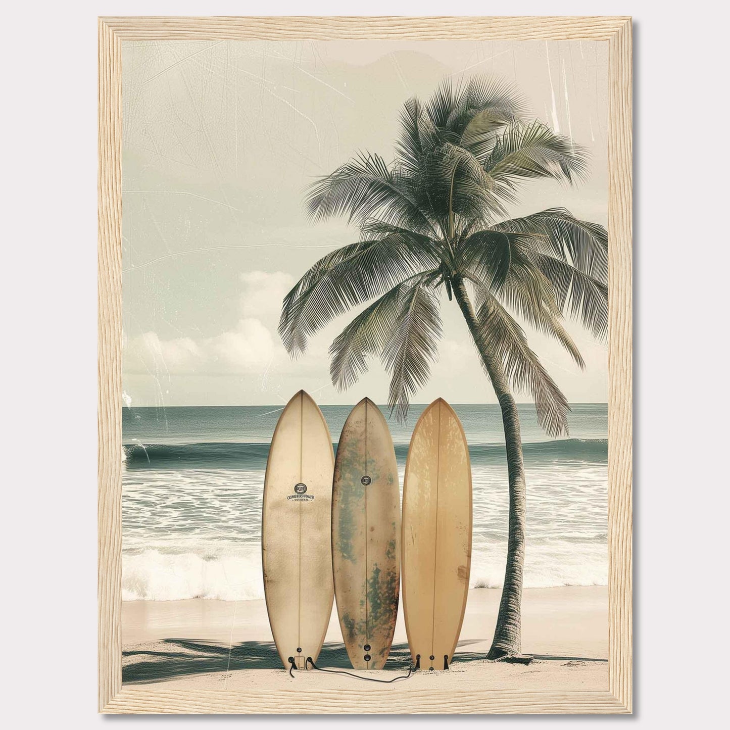 This captivating image features a serene beach scene with three surfboards leaning against a tall, swaying palm tree. The tranquil ocean waves and a clear sky in the background evoke a sense of calm and adventure.