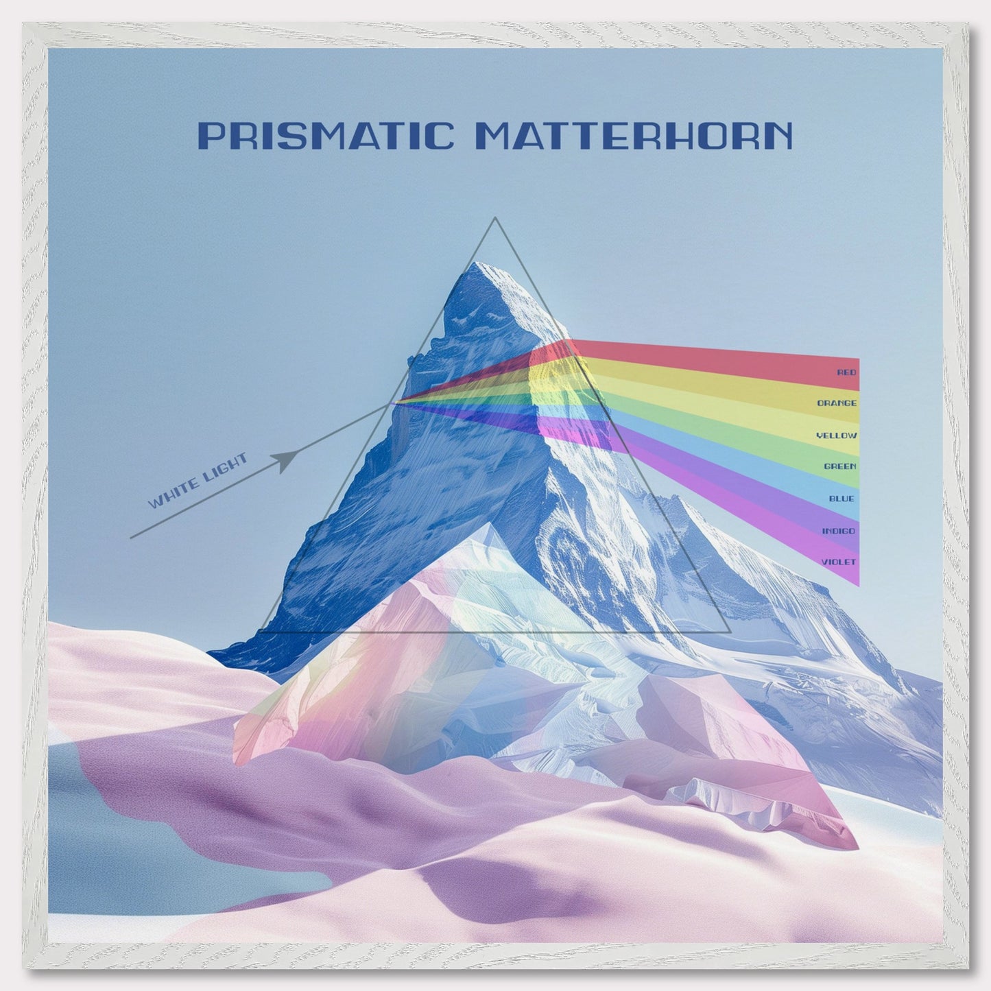 This image features a stunning illustration of the Matterhorn mountain with a prismatic effect. The mountain is depicted as a prism, dispersing white light into a spectrum of colors.