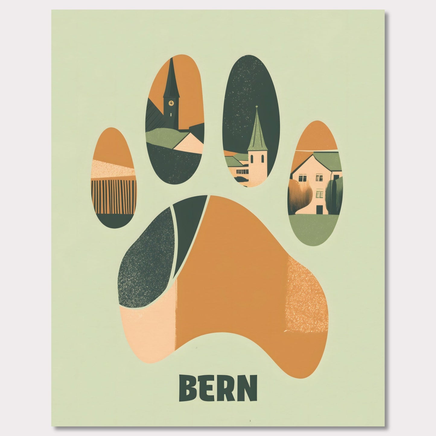 This unique poster blends the charm of Bern’s architecture with the city’s symbolic bear in an abstract, paw-print design. The warm earth tones and clean lines create a harmonious balance between modern minimalism and historical elements.