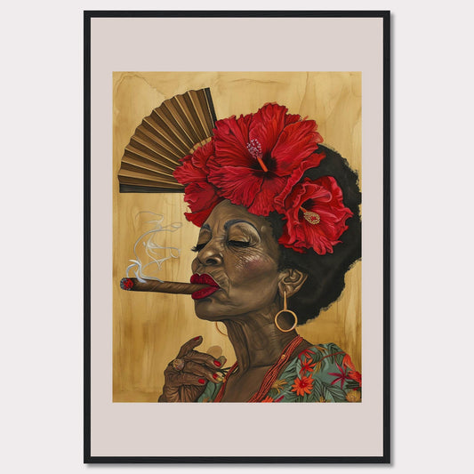 This captivating artwork features a dignified elderly woman smoking a cigar, adorned with vibrant red hibiscus flowers in her hair. Behind her, a traditional hand fan adds a touch of cultural elegance to the scene. The rich colors and intricate details bring out her character and grace.