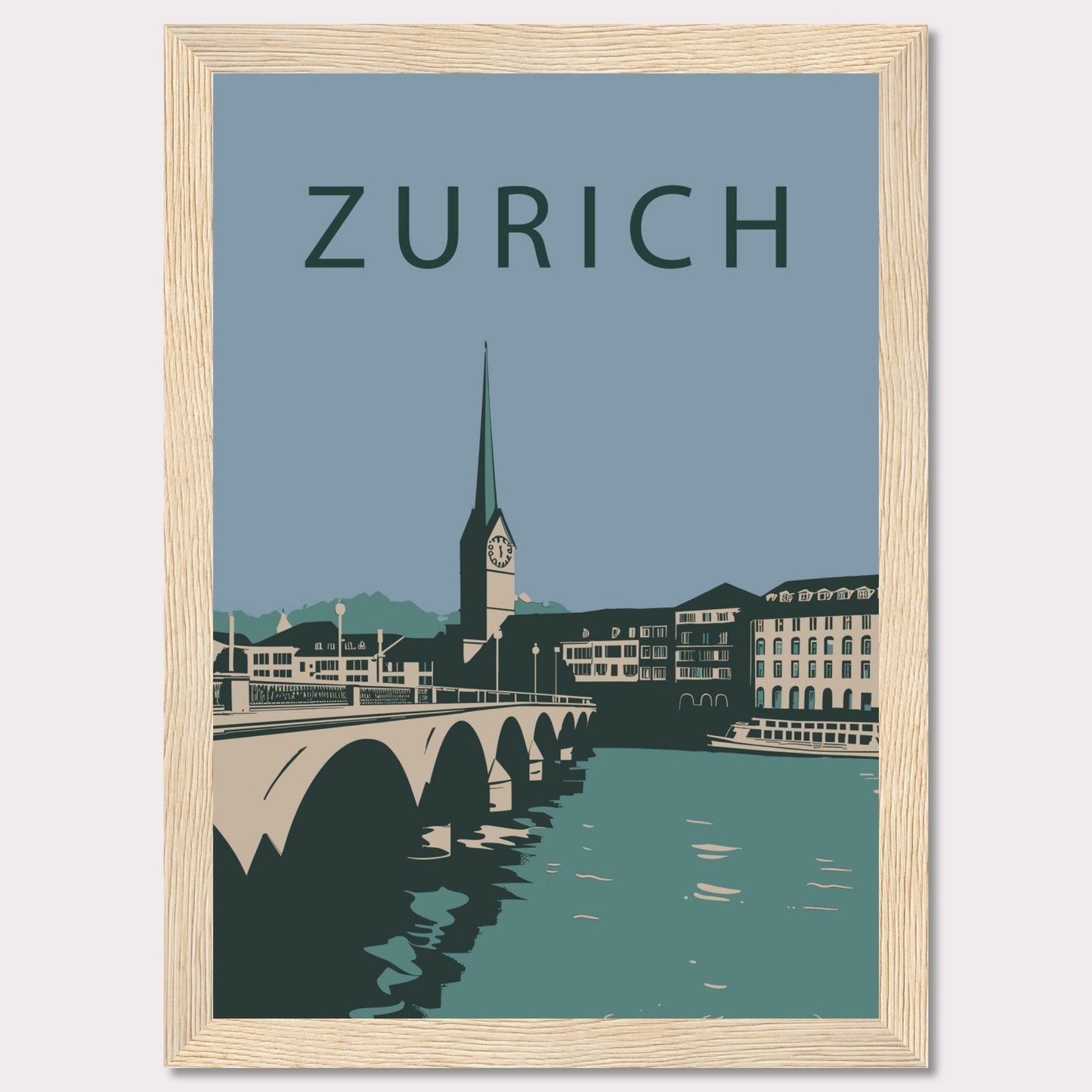 This poster features a serene illustration of Zurich, showcasing its iconic architecture and tranquil river scene.