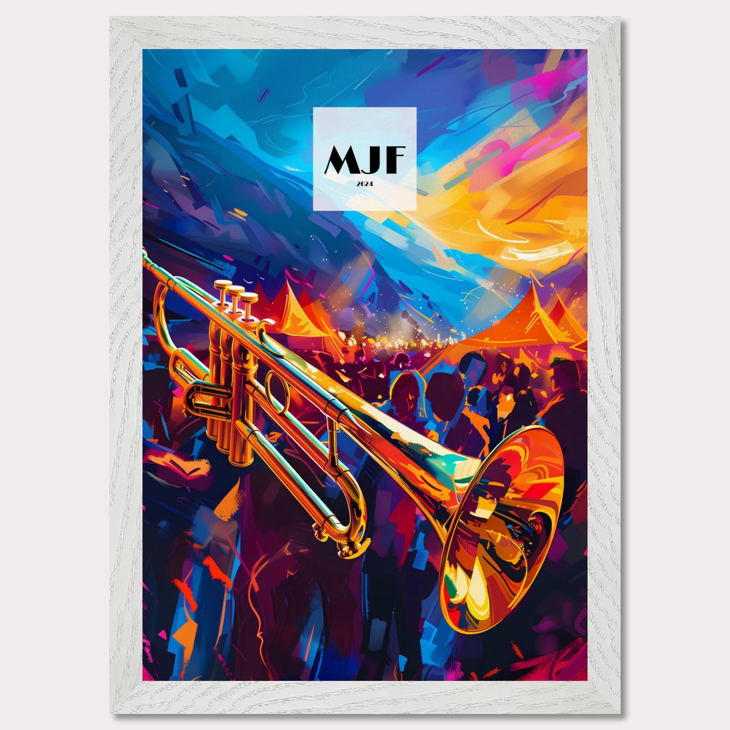 This vibrant poster captures the essence of a lively jazz festival. A gleaming trumpet takes center stage, set against a backdrop of colorful tents and an enthusiastic crowd. The sky is painted with dynamic strokes of blue and orange, adding to the energetic atmosphere.