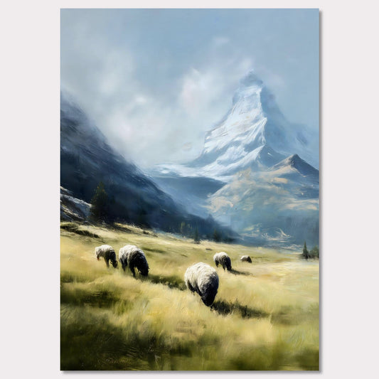 In the shadow of the Matterhorn, sheep graze peacefully on sunlit fields. This pastoral scene blends the grandeur of the Alps with the charm of rural life. The softness of the animals and golden grass contrasts beautifully with the snow-covered majesty above.