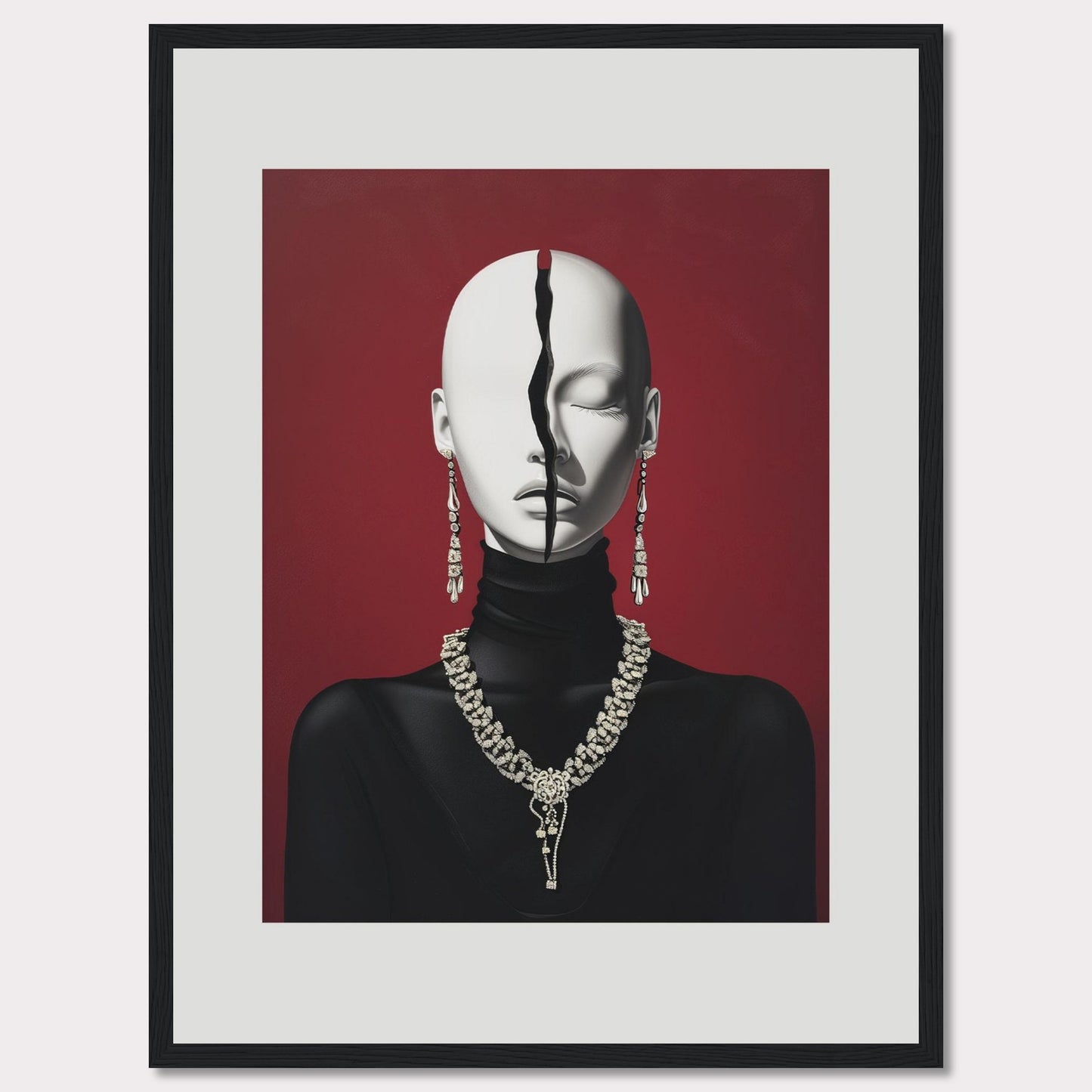 This striking artwork features a mannequin-like figure with a dramatic crack running down the center of its face, set against a bold red background. The figure is adorned with elaborate jewelry, including dangling earrings and an ornate necklace. The contrast between the smooth, expressionless face and the deep crack creates a powerful visual impact.