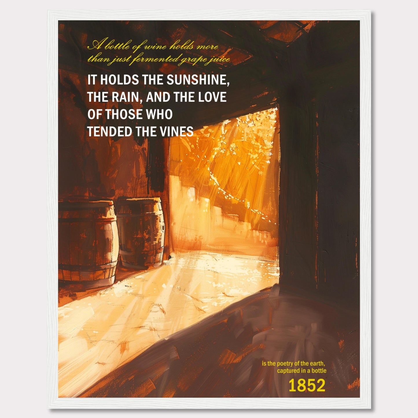 A beautifully painted scene of a sunlit wine cellar, with rays of sunlight streaming through the doorway, illuminating two wooden barrels. The warm colors evoke a sense of nostalgia and warmth.