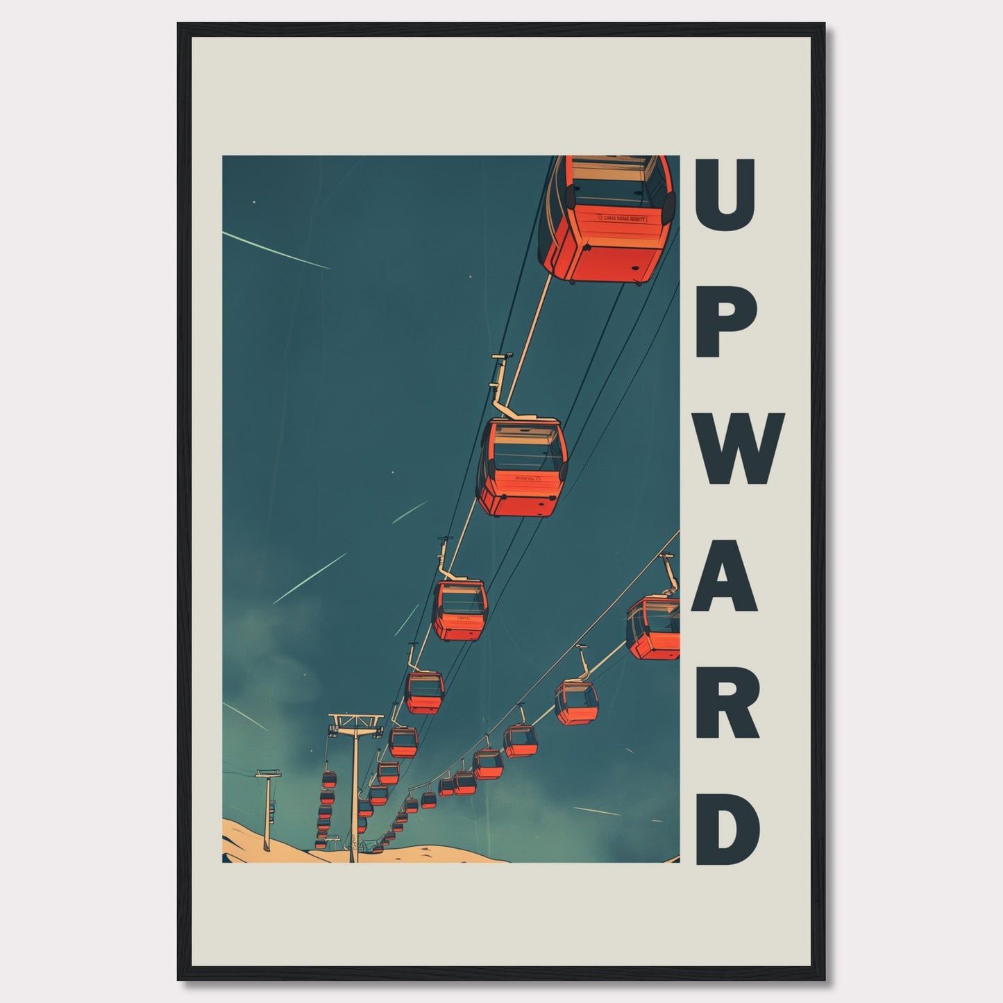 This striking artwork features a series of red cable cars ascending into a deep blue sky, evoking a sense of adventure and upward momentum. The word "UPWARD" is boldly displayed along the right side, reinforcing the theme of progress and elevation.