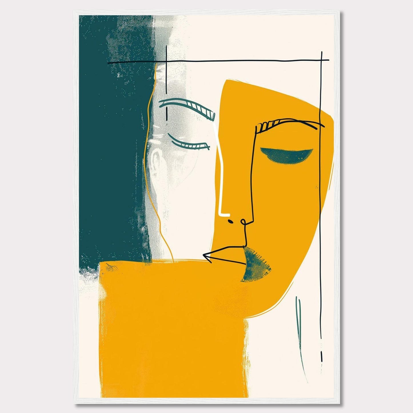 This captivating abstract art piece features a minimalist line drawing of a face, blending bold colors and simple shapes to create a striking visual impact. The artwork combines teal, mustard yellow, and white, with a black frame adding a touch of sophistication.