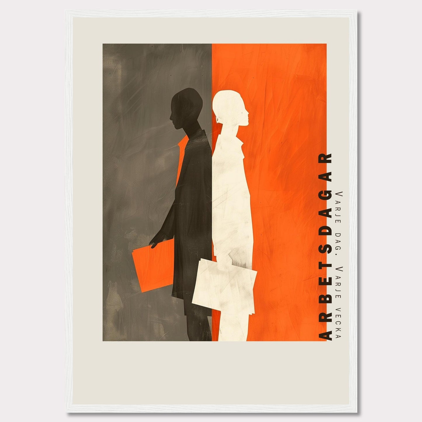 This striking artwork features two silhouetted figures, one in black and the other in white, standing back-to-back against a divided background of gray and orange. Both figures are holding documents, symbolizing work or business activities. The text "ARBETSDAGAR" is prominently displayed vertically on the right side, accompanied by the phrase "VARJE DAG - VARJE VECKA" below it.