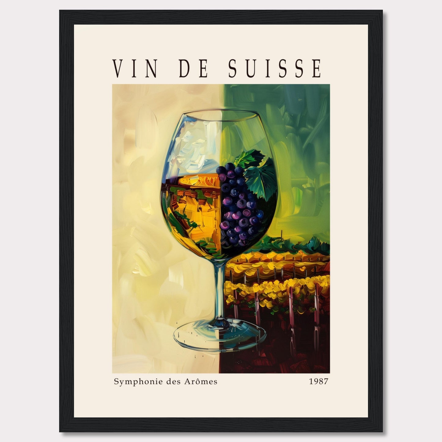 This vibrant poster showcases a wine glass filled with white wine, adorned with a cluster of purple grapes and green leaves. The background features a picturesque vineyard scene, split into two contrasting hues of yellow and green.