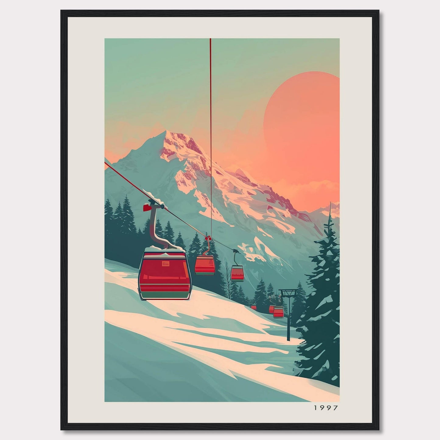 This captivating artwork depicts a serene mountain landscape with ski lifts ascending towards a majestic snow-capped peak under a warm, pastel-colored sky. The scene is framed by evergreen trees, creating a tranquil and inviting atmosphere.