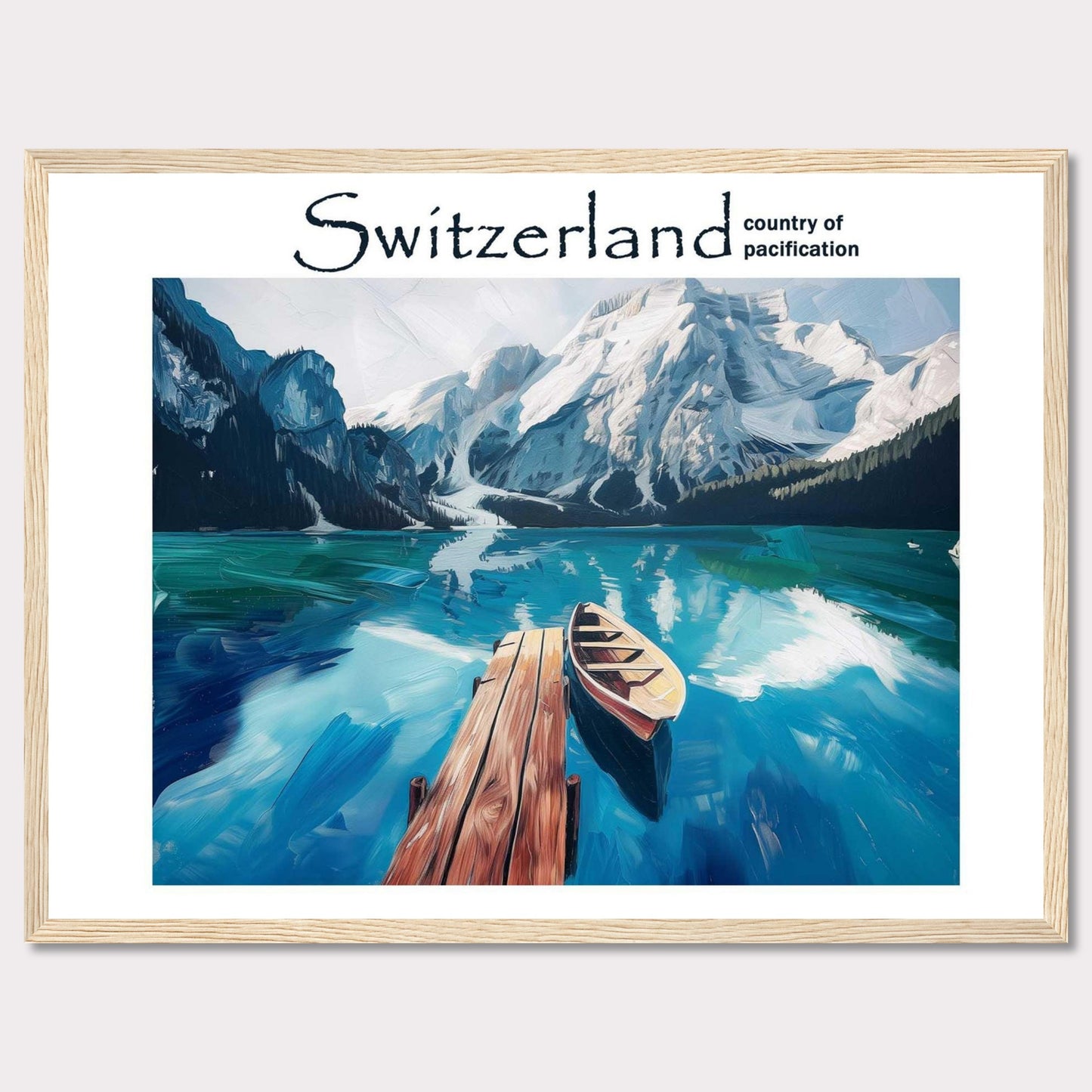 This image showcases a serene lake in Switzerland, surrounded by majestic snow-capped mountains. A wooden dock extends into the calm, reflective waters, where a lone boat is moored. The scene is tranquil and inviting, epitomizing the peacefulness of the Swiss landscape.