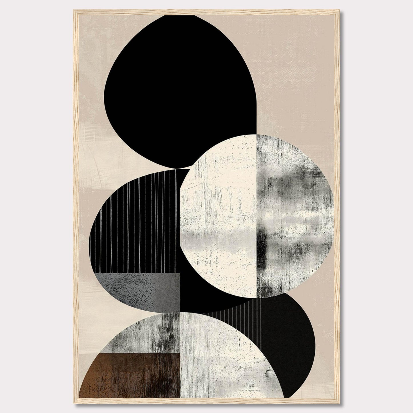 This image showcases a modern abstract art piece featuring geometric shapes in monochrome and neutral tones. The design includes overlapping circles and ovals with textured patterns.