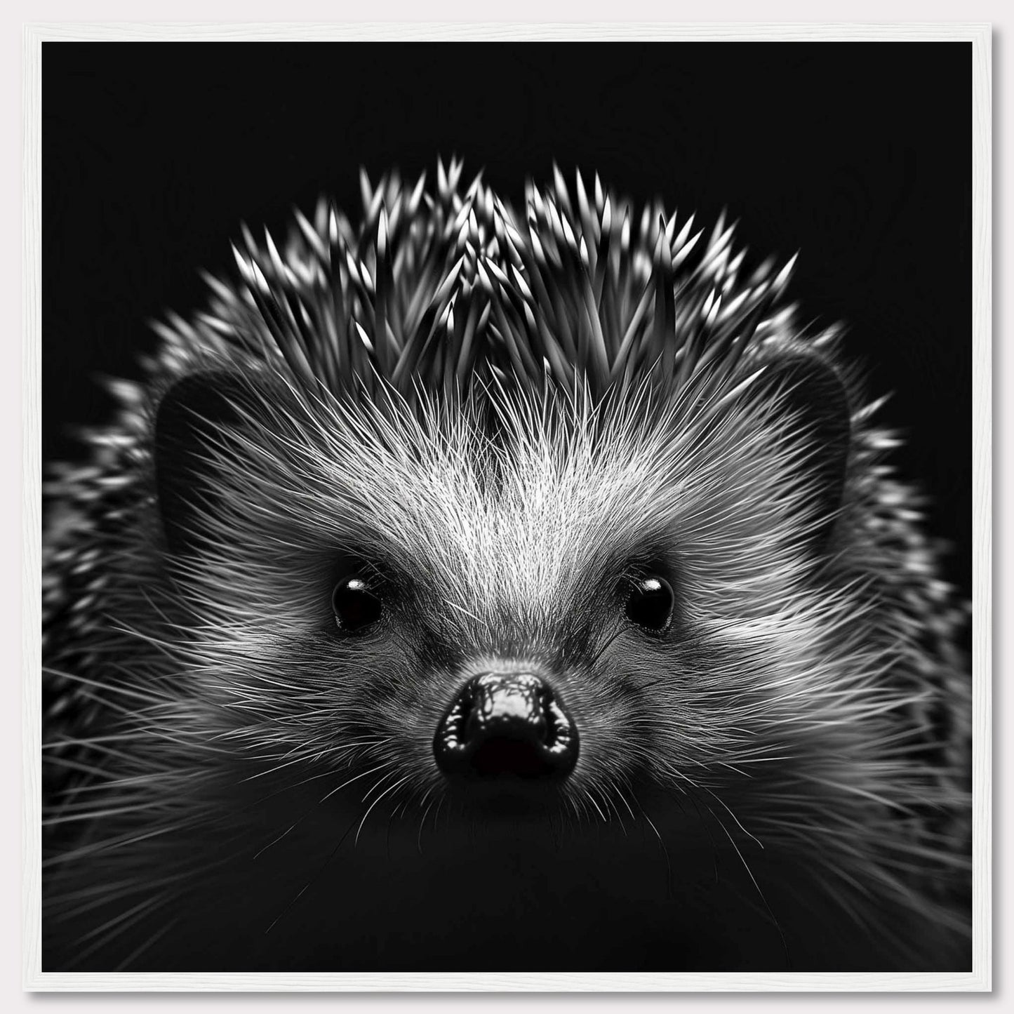 This captivating black and white photograph showcases the adorable face of a hedgehog, with its quills prominently displayed. The close-up shot emphasizes the intricate details of its fur and the curious expression in its eyes.