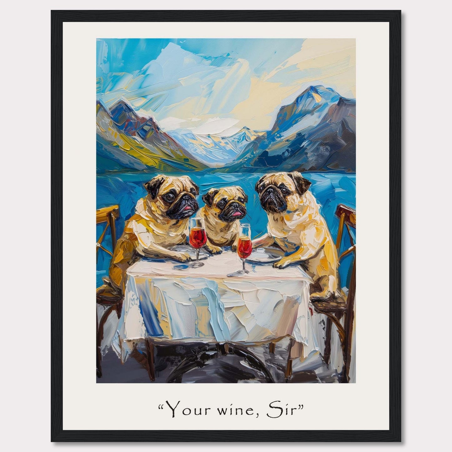 This whimsical painting depicts three pugs sitting at a table, each with a glass of red wine in front of them. The background showcases a stunning mountain landscape with a serene lake. The artwork is framed and includes the caption "Your wine, Sir" at the bottom.