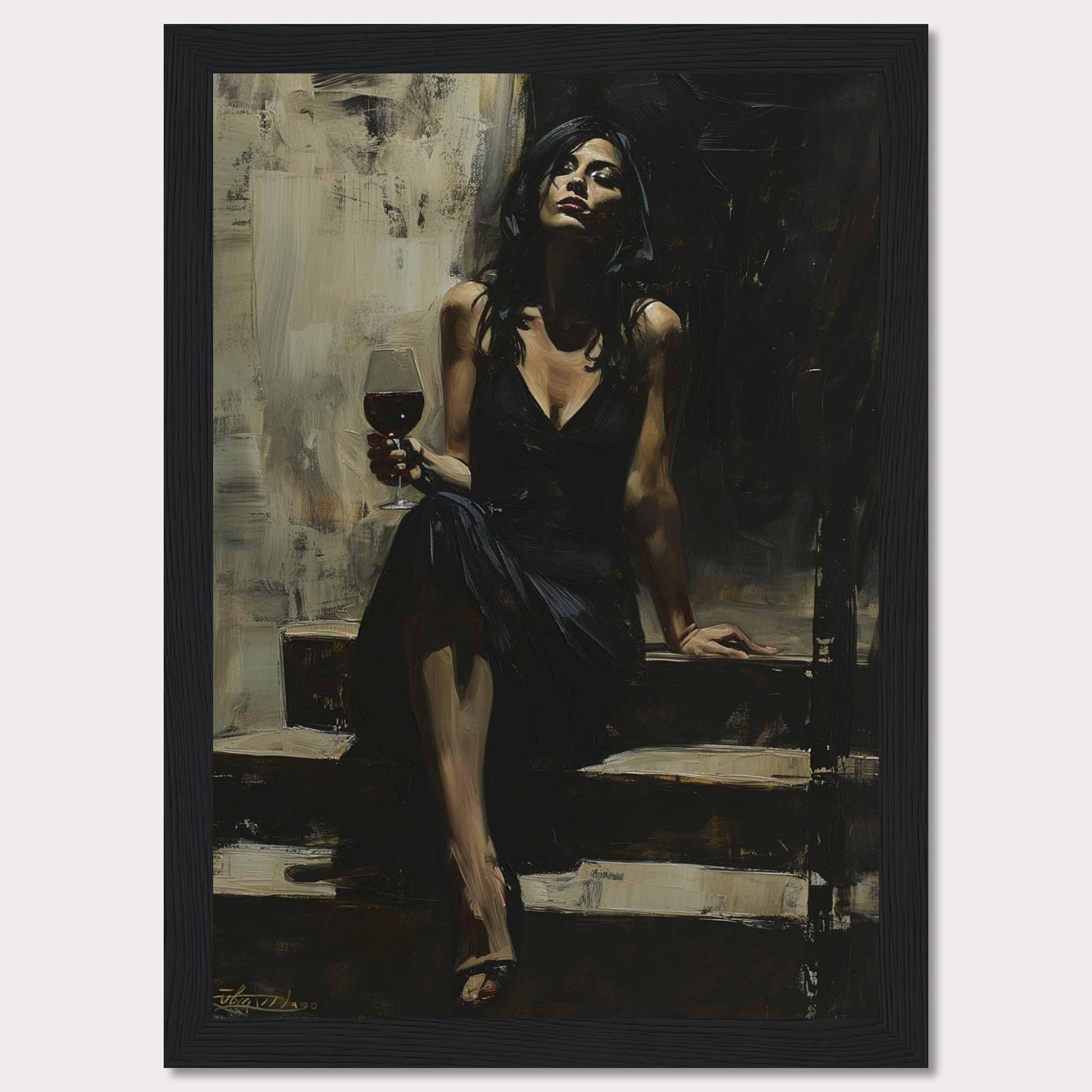 This captivating painting depicts a woman in an elegant black dress, seated on a set of steps. She holds a glass of red wine, exuding confidence and sophistication. The dark, moody background contrasts with her poised demeanor, creating a sense of intrigue and allure.