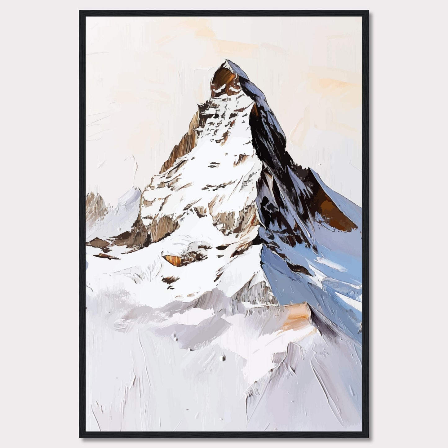 This image showcases a striking painting of a snow-covered mountain peak, likely inspired by the majestic Matterhorn. The artwork features bold brush strokes and a mix of white, brown, and blue hues, capturing the rugged beauty of the alpine landscape.