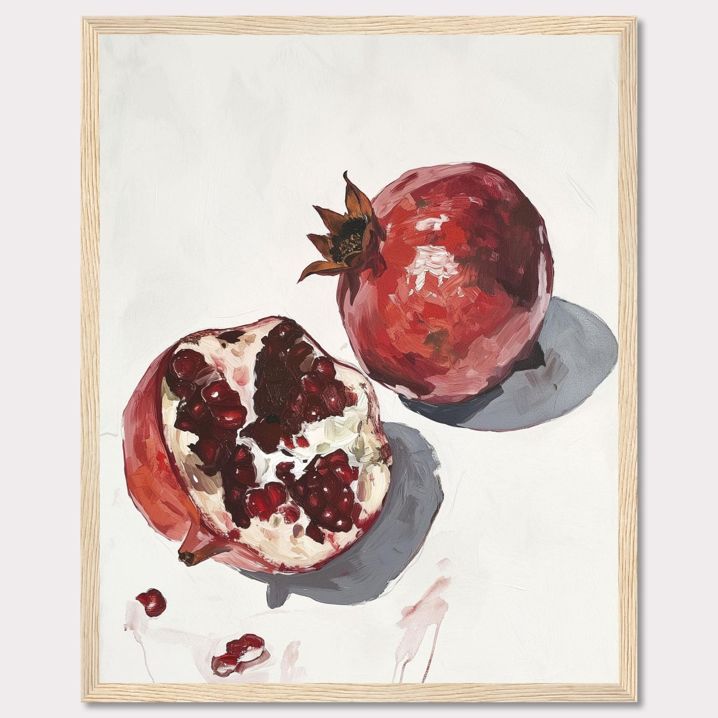 This captivating artwork features a detailed painting of two pomegranates, one whole and one halved, showcasing the vibrant red seeds. The minimalist background highlights the rich colors and textures of the fruit, making it a striking piece for any space.