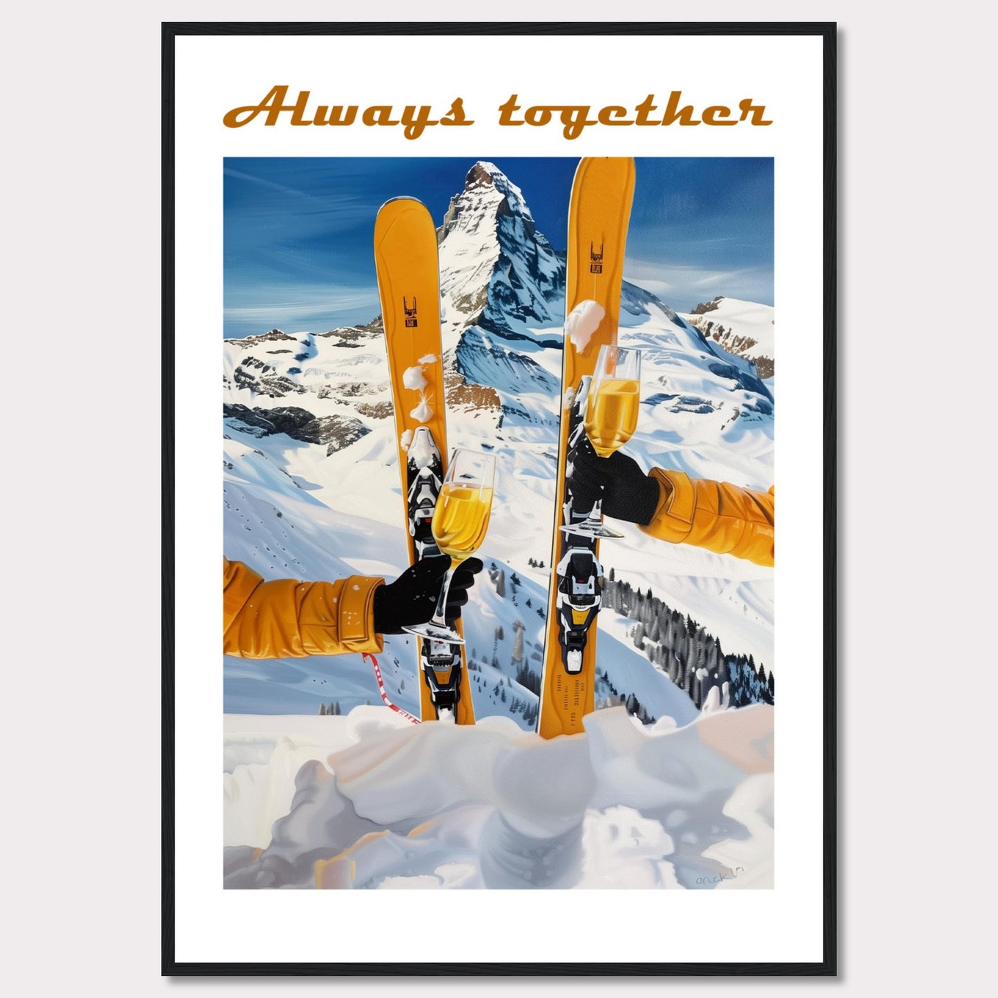 This image showcases a picturesque winter scene with two skiers celebrating on a snowy mountain. The central focus is on the skis and champagne glasses, symbolizing a joyous moment shared together.