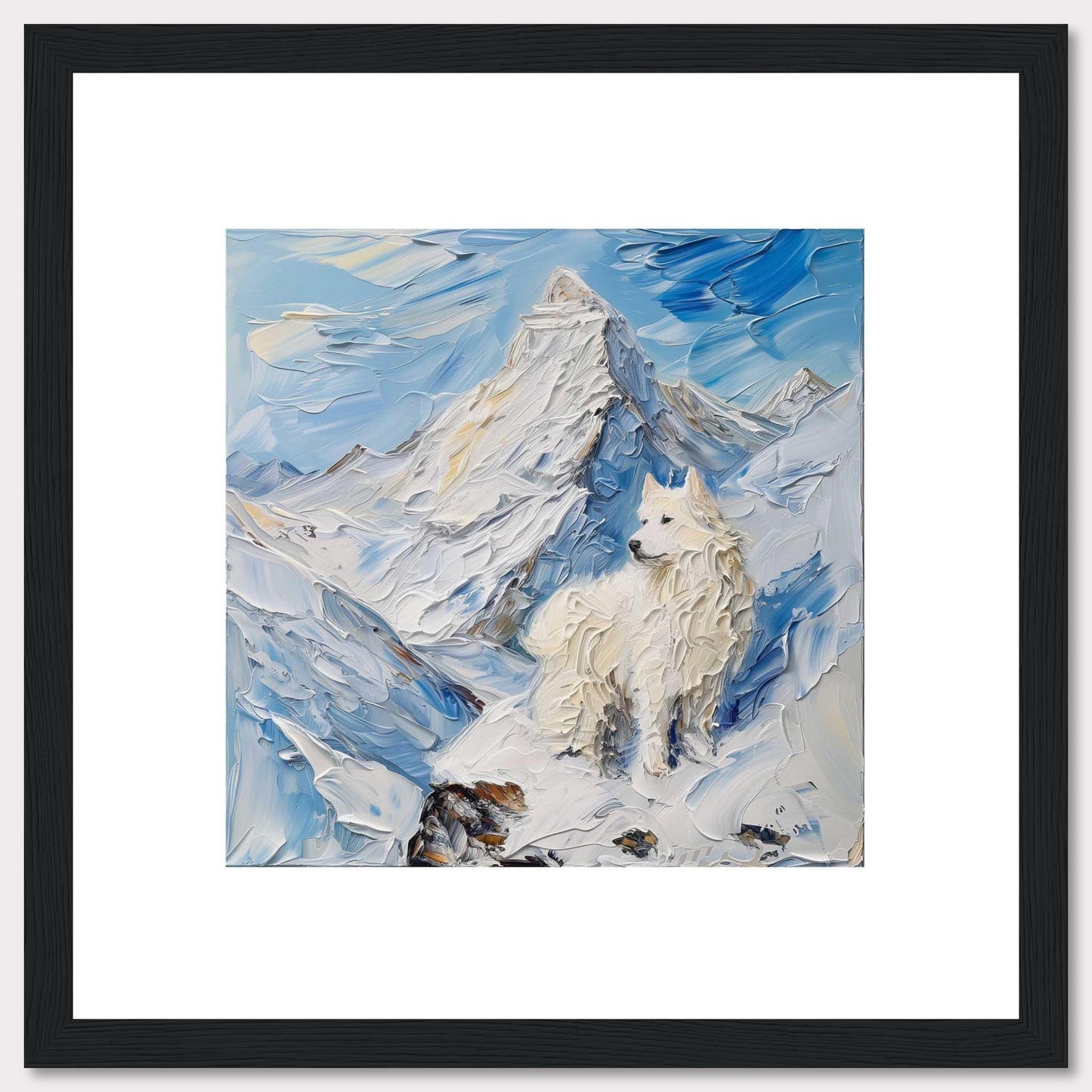 This painting depicts a majestic white dog standing proudly amidst a snowy mountain landscape. The thick, textured brushstrokes create a sense of movement and coldness in the scene.