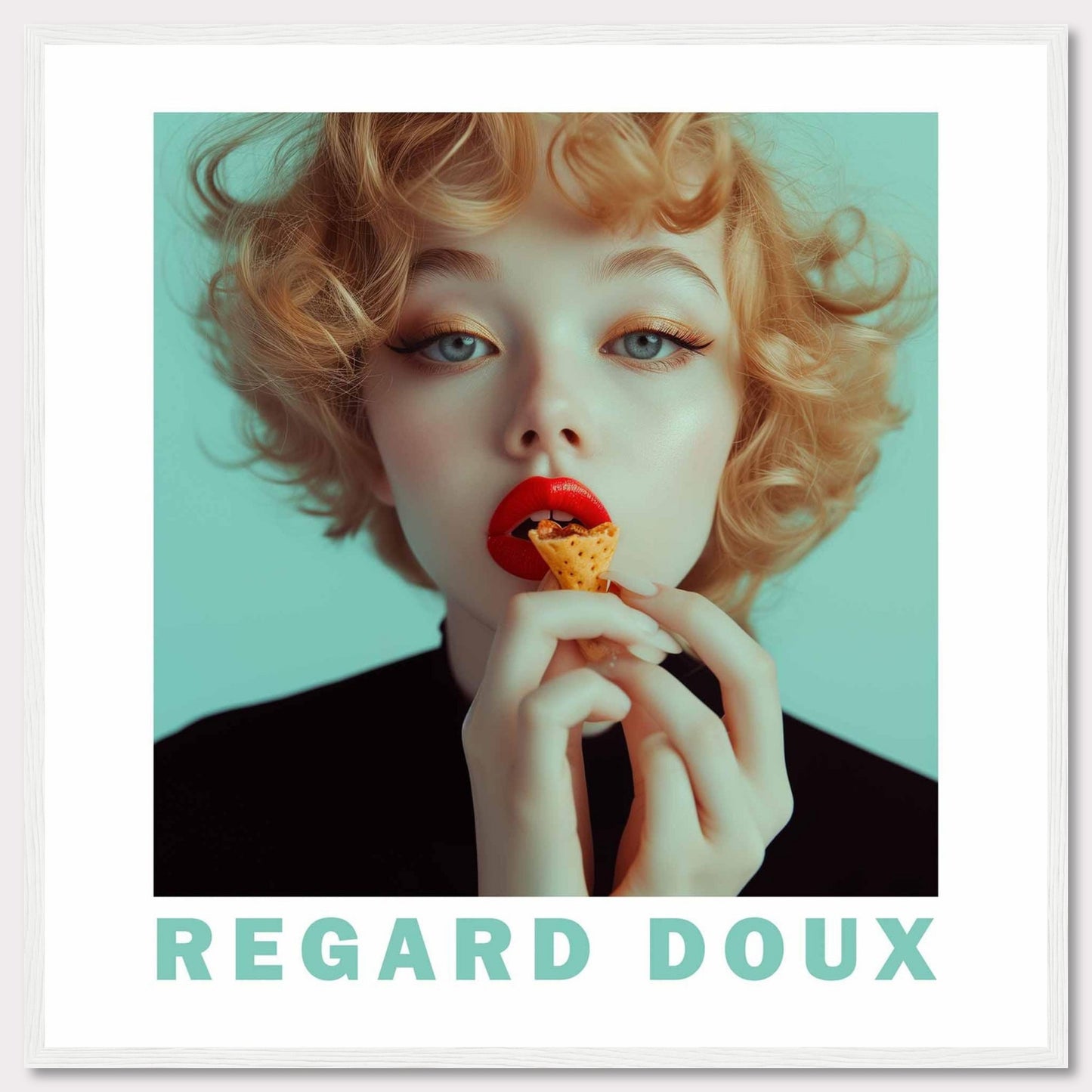 This captivating image showcases a young woman with striking red lips, holding a small cone-shaped snack close to her mouth. Her curly blonde hair frames her face beautifully, and her eyes exude a gentle, dreamy expression. The background is a soft teal color, adding to the overall serene and enchanting atmosphere. The text "REGARD DOUX" at the bottom translates to "Soft Gaze," perfectly capturing the essence of the image.