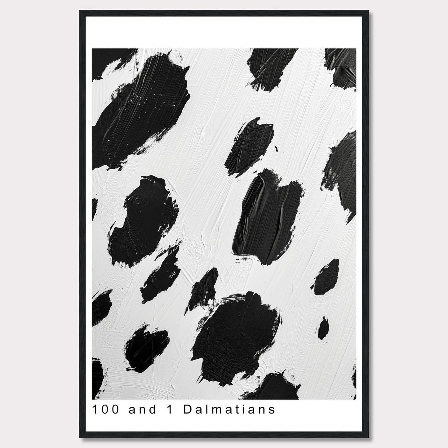 This image features a framed art print with a black and white abstract design, reminiscent of Dalmatian spots. The title "100 and 1 Dalmatians" is displayed at the bottom of the print.